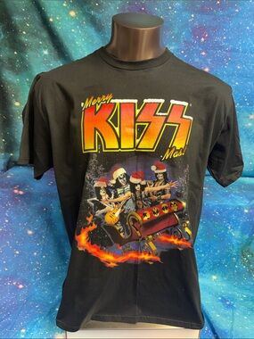 Port and Company Black "Merry KISS Mas!" Graphic Tee with Red and Yellow Print